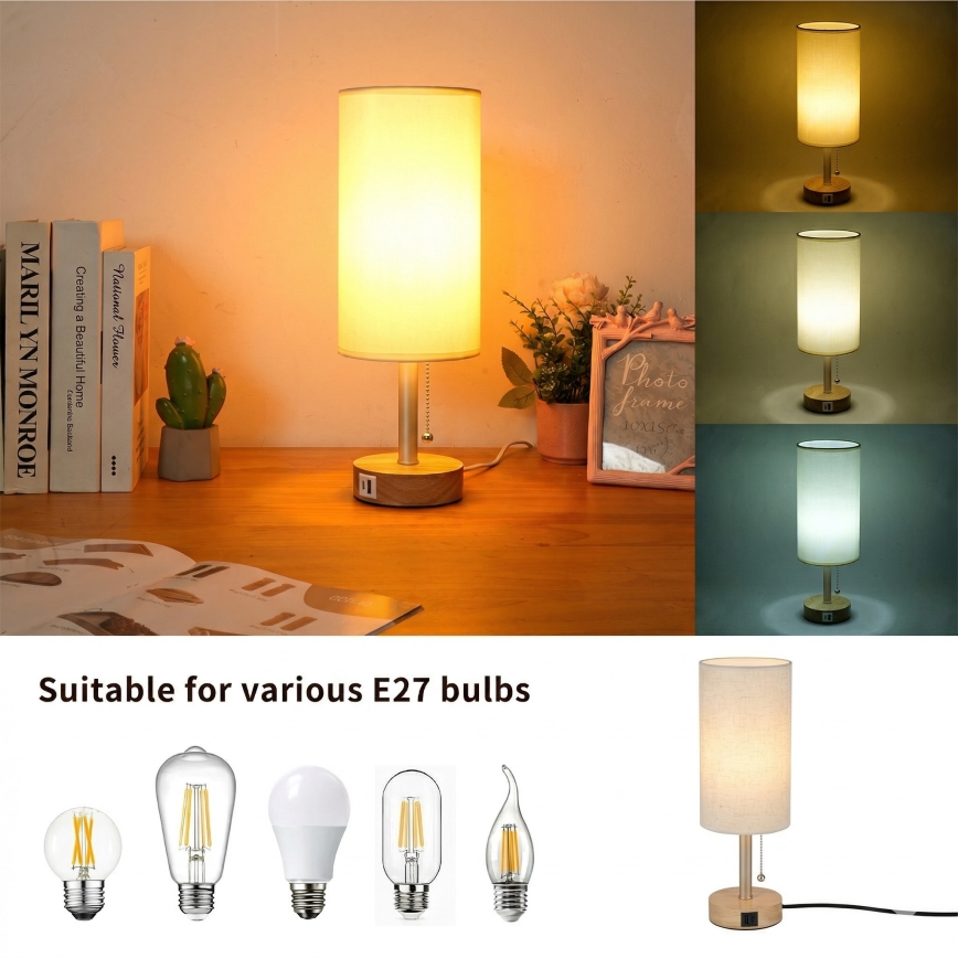 Brilagi - Tischlampe mit USB-Anschluss TABLON 1xE27/25W/230V Eiche/Beige/Creme