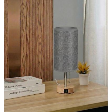 Brilagi - Tischlampe mit USB-Anschluss TABLON 1xE27/25W/230V Eiche/beige/grau