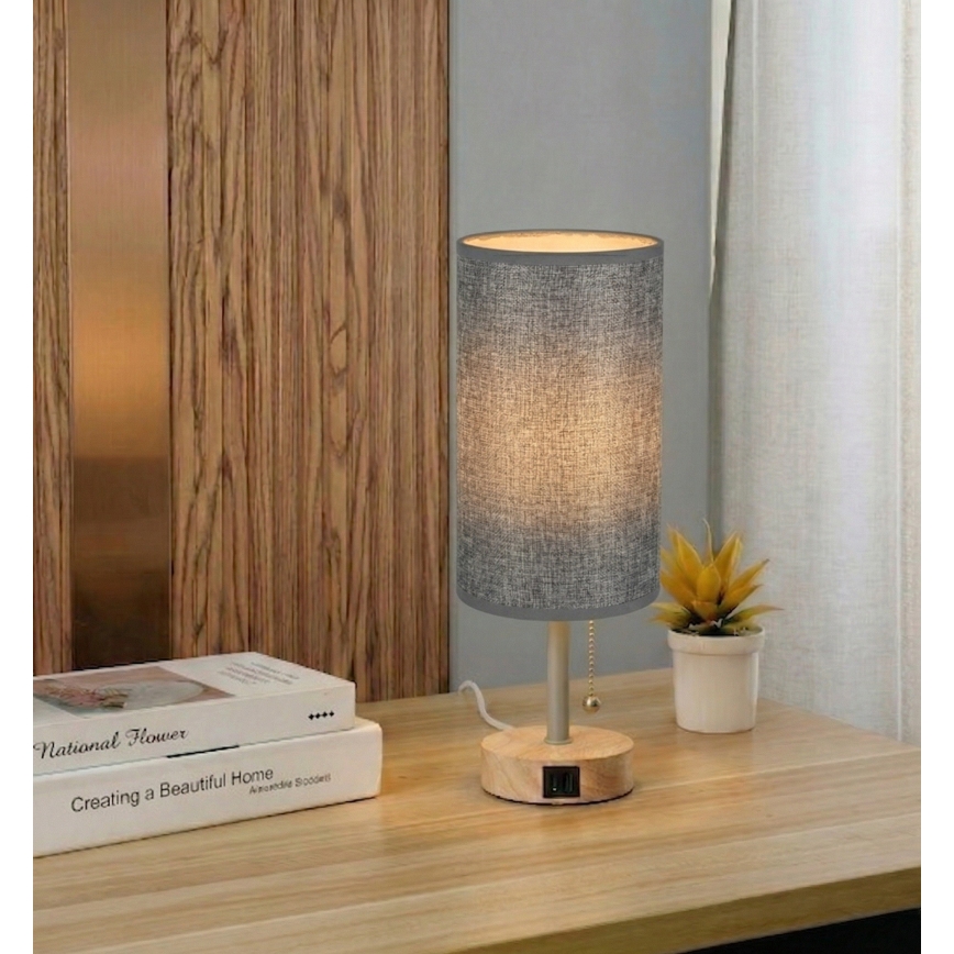 Brilagi - Tischlampe mit USB-Anschluss TABLON 1xE27/25W/230V Eiche/beige/grau