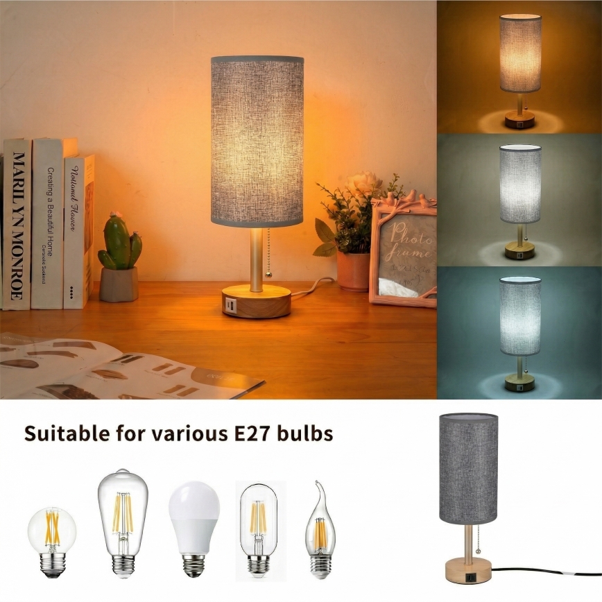 Brilagi - Tischlampe mit USB-Anschluss TABLON 1xE27/25W/230V Eiche/beige/grau