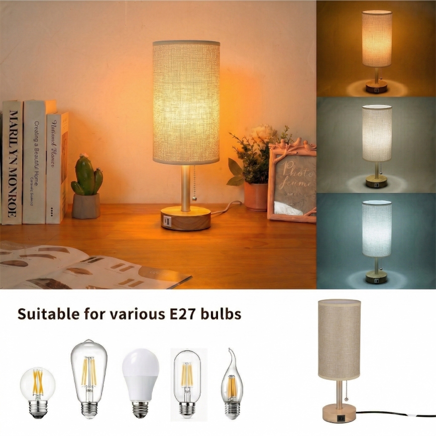 Brilagi - Tischlampe mit USB-Anschluss TABLON 1xE27/25W/230V Eiche/beige