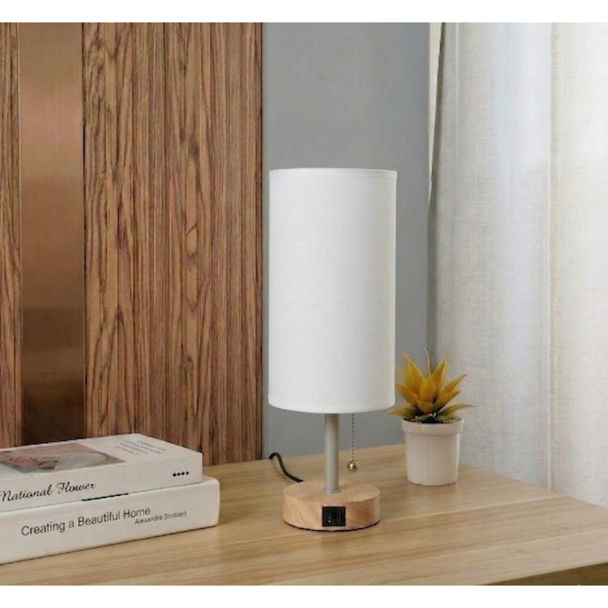 Brilagi - Tischlampe mit USB-Anschluss TABLON 1xE27/25W/230V Eiche/beige/weiß