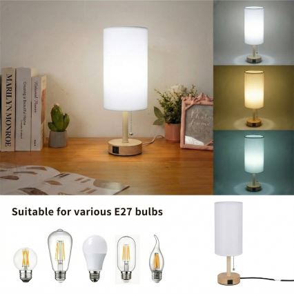 Brilagi - Tischlampe mit USB-Anschluss TABLON 1xE27/25W/230V Eiche/beige/weiß