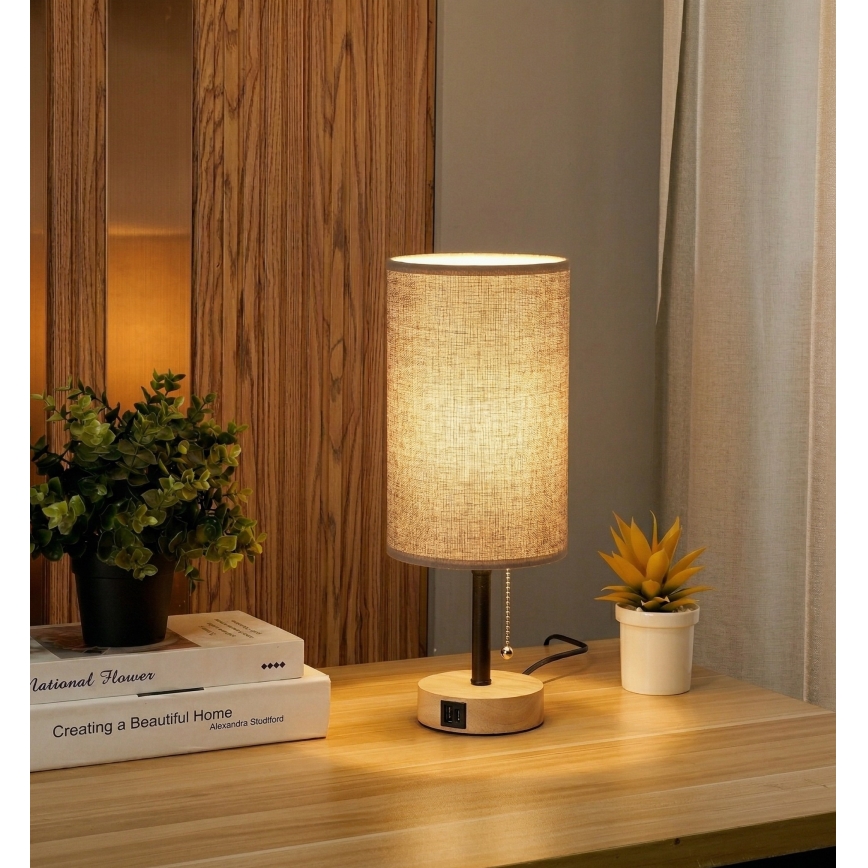 Brilagi - Tischlampe mit USB-Anschluss TABLON 1xE27/25W/230V Eiche/Schwarz/Grau