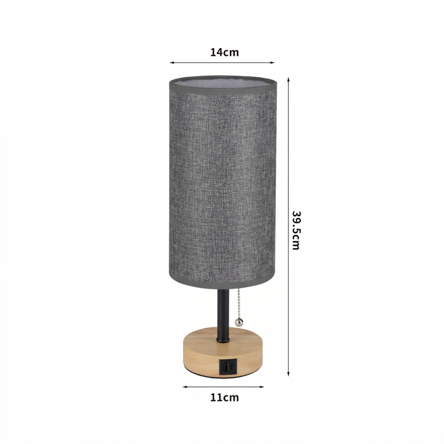 Brilagi - Tischlampe mit USB-Anschluss TABLON 1xE27/25W/230V Eiche/Schwarz/Grau