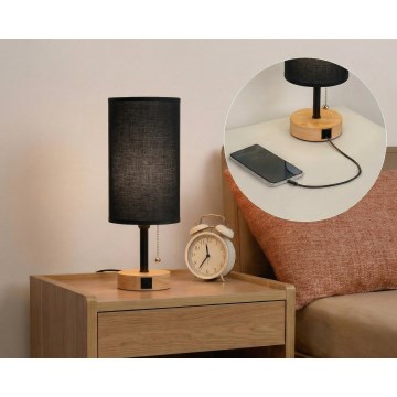 Brilagi - Tischlampe mit USB-Anschluss TABLON 1xE27/25W/230V Eiche/schwarz