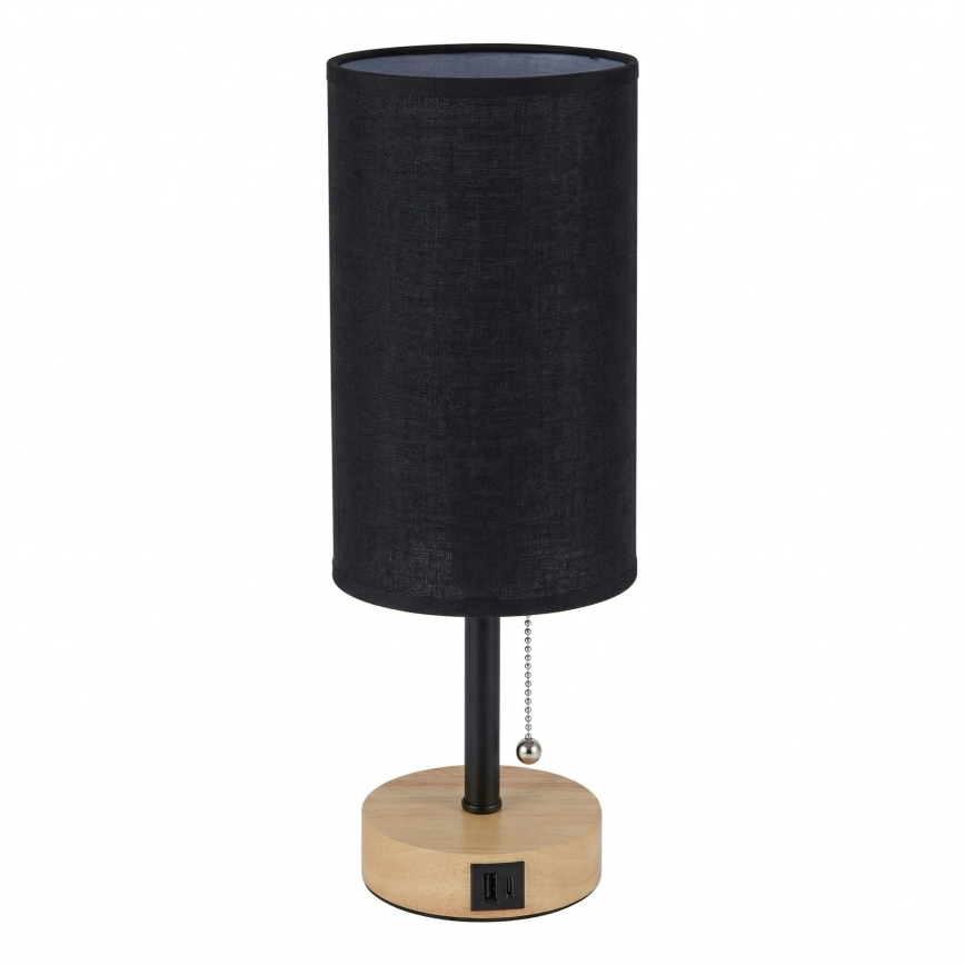 Brilagi - Tischlampe mit USB-Anschluss TABLON 1xE27/25W/230V Eiche/schwarz