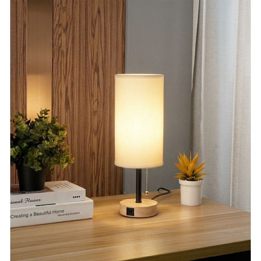 Brilagi - Tischlampe mit USB-Anschluss TABLON 1xE27/25W/230V Eiche/schwarz/weiß