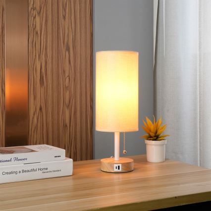 Brilagi - Tischlampe mit USB-Anschluss TABLON 1xE27/25W/230V Eiche/weiß/beige
