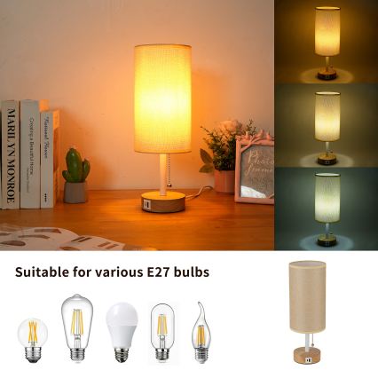 Brilagi - Tischlampe mit USB-Anschluss TABLON 1xE27/25W/230V Eiche/weiß/beige