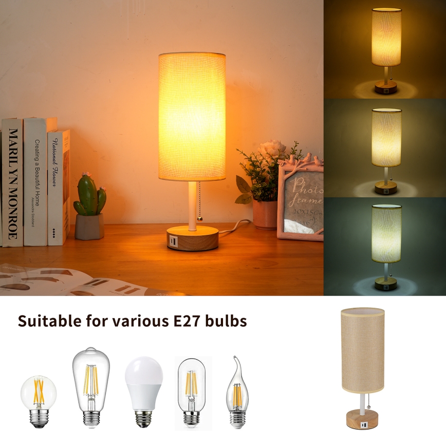 Brilagi - Tischlampe mit USB-Anschluss TABLON 1xE27/25W/230V Eiche/weiß/beige