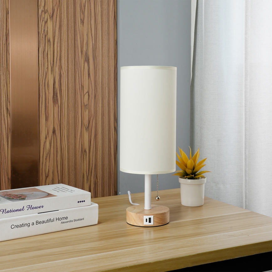 Brilagi - Tischlampe mit USB-Anschluss TABLON 1xE27/25W/230V Eiche/Weiß/Creme