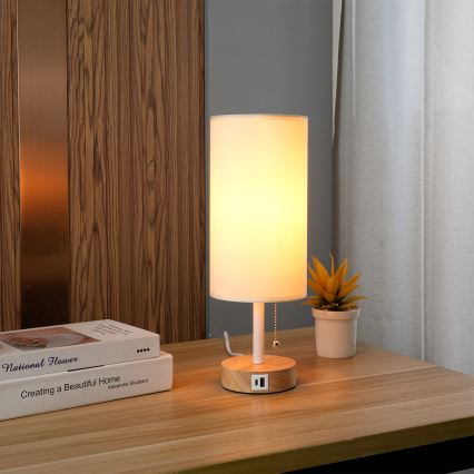 Brilagi - Tischlampe mit USB-Anschluss TABLON 1xE27/25W/230V Eiche/Weiß/Creme