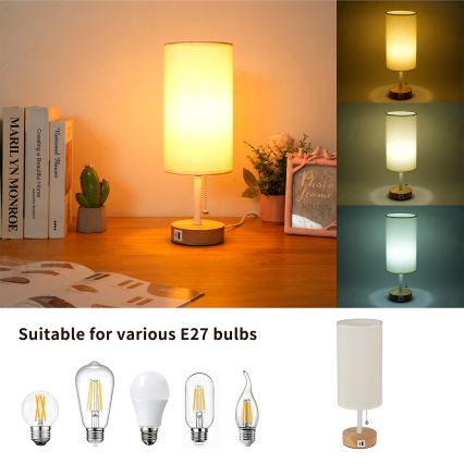 Brilagi - Tischlampe mit USB-Anschluss TABLON 1xE27/25W/230V Eiche/Weiß/Creme
