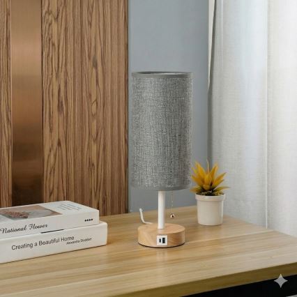 Brilagi - Tischlampe mit USB-Anschluss TABLON 1xE27/25W/230V Eiche/Weiß/Grau