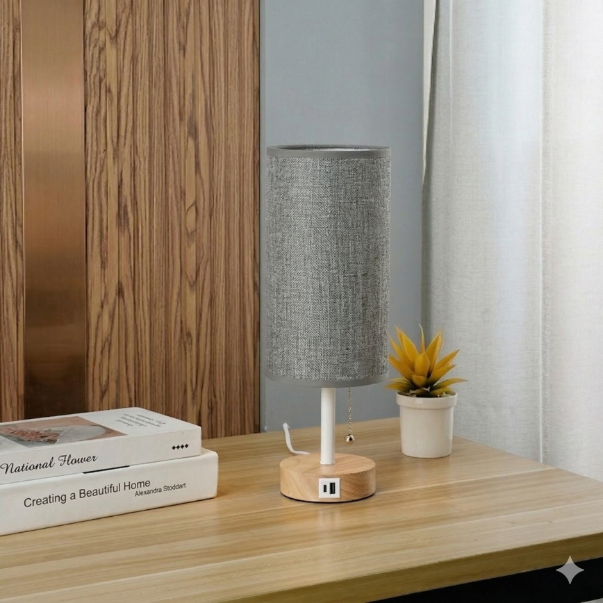 Brilagi - Tischlampe mit USB-Anschluss TABLON 1xE27/25W/230V Eiche/Weiß/Grau