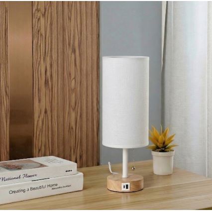 Brilagi - Tischlampe mit USB-Anschluss TABLON 1xE27/25W/230V Eiche/weiß