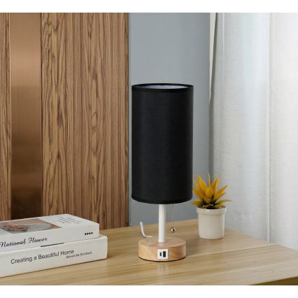 Brilagi - Tischlampe mit USB-Anschluss TABLON 1xE27/25W/230V Eiche/Weiß/Schwarz