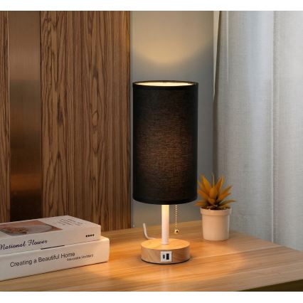 Brilagi - Tischlampe mit USB-Anschluss TABLON 1xE27/25W/230V Eiche/Weiß/Schwarz