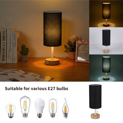 Brilagi - Tischlampe mit USB-Anschluss TABLON 1xE27/25W/230V Eiche/Weiß/Schwarz