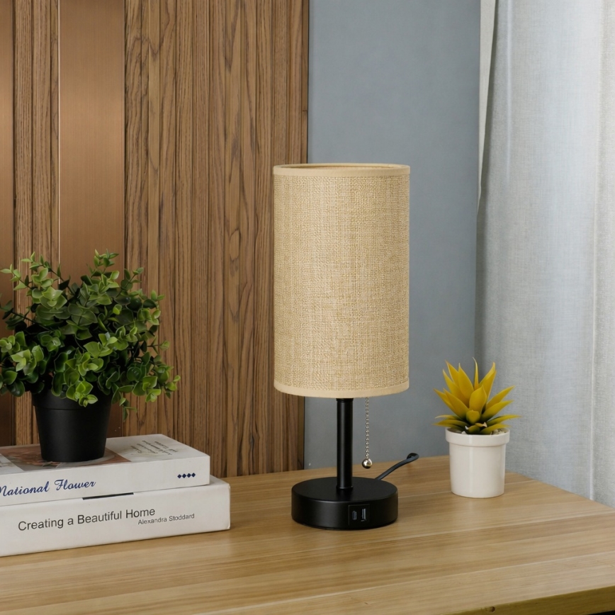 Brilagi - Tischlampe mit USB-Anschluss TABLON 1xE27/25W/230V schwarz/beige
