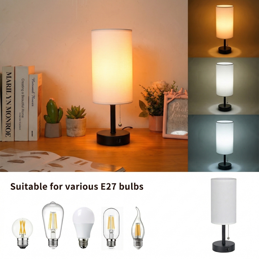 Brilagi - Tischlampe mit USB-Anschluss TABLON 1xE27/25W/230V schwarz/weiß