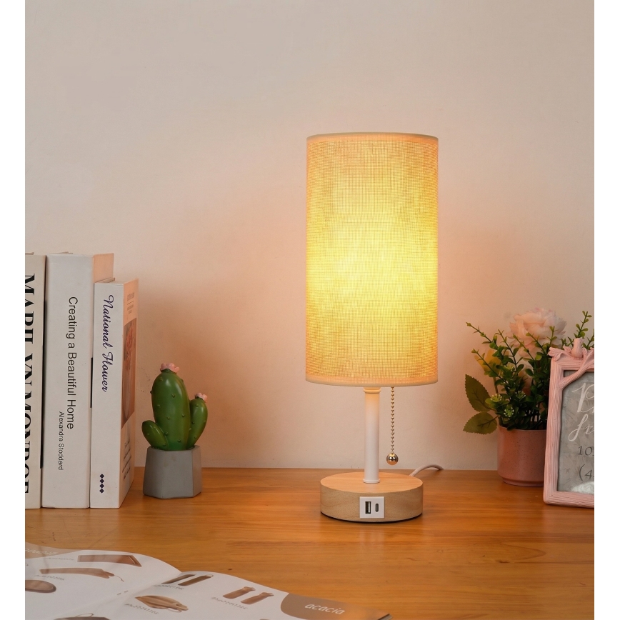 Brilagi - Tischlampe mit USB-Anschluss TABLON 1xE27/25W/230V weiß/beige