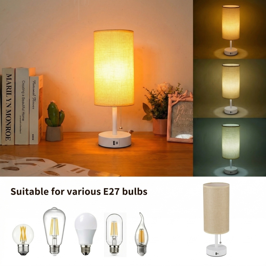 Brilagi - Tischlampe mit USB-Anschluss TABLON 1xE27/25W/230V weiß/beige