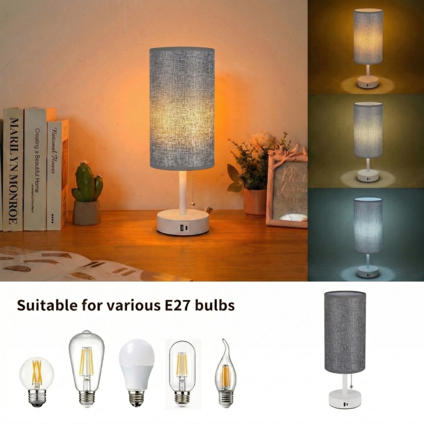 Brilagi - Tischlampe mit USB-Anschluss TABLON 1xE27/25W/230V weiß/grau