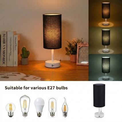 Brilagi - Tischlampe mit USB-Anschluss TABLON 1xE27/25W/230V weiß/schwarz