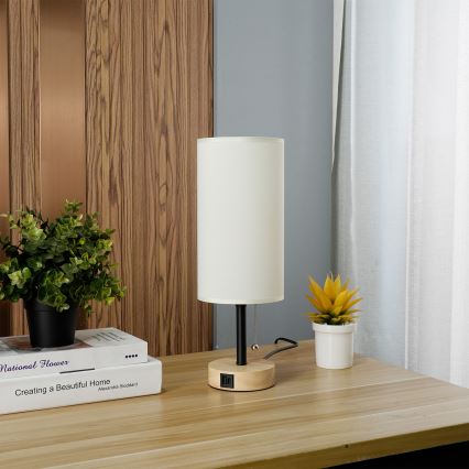 Brilagi - Tischlampe TABLON mit USB-Anschluss 1xE27/25W/230V Eiche/Schwarz/Creme