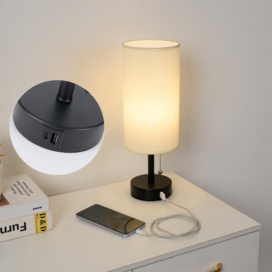 Brilagi - Tischlampe TABLON mit USB-Anschluss 1xE27/25W/230V schwarz/creme