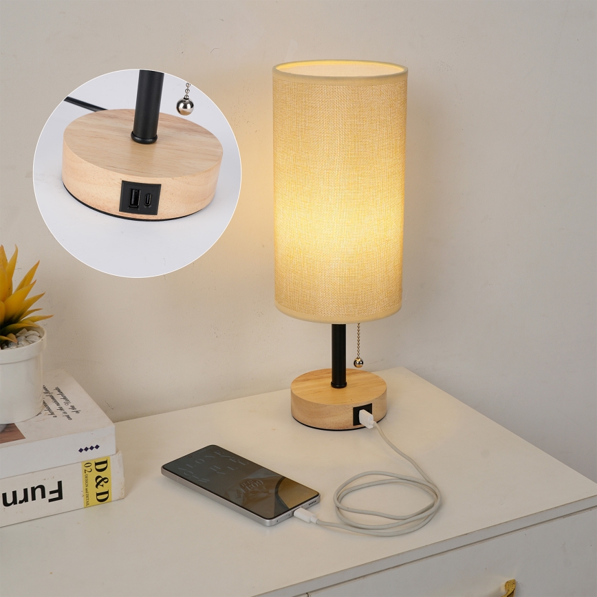 Brilagi - Tischleuchte mit USB-Anschluss TABLON 1xE27/25W/230V Eiche/Schwarz/Beige