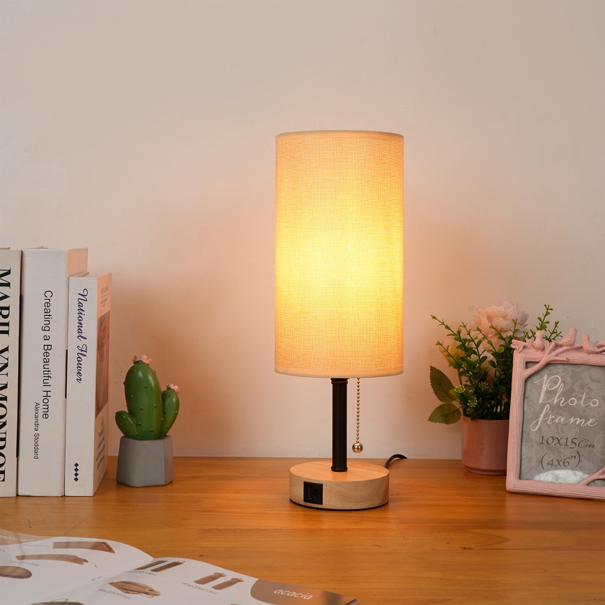 Brilagi - Tischleuchte mit USB-Anschluss TABLON 1xE27/25W/230V Eiche/Schwarz/Beige