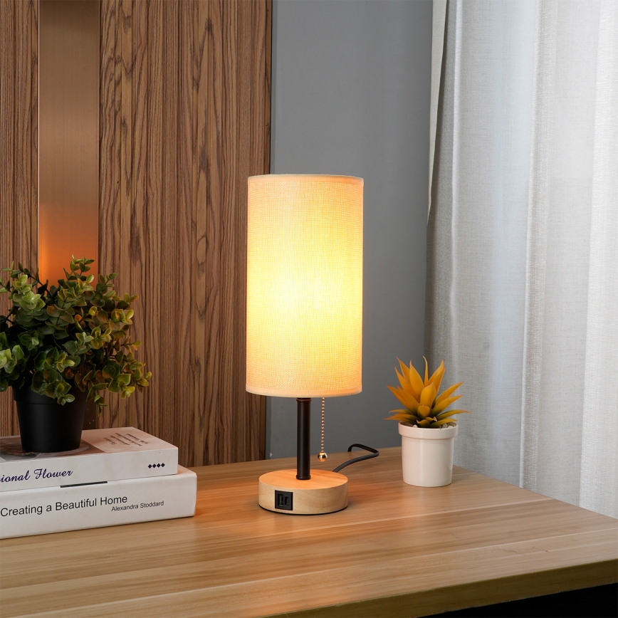 Brilagi - Tischleuchte mit USB-Anschluss TABLON 1xE27/25W/230V Eiche/Schwarz/Beige