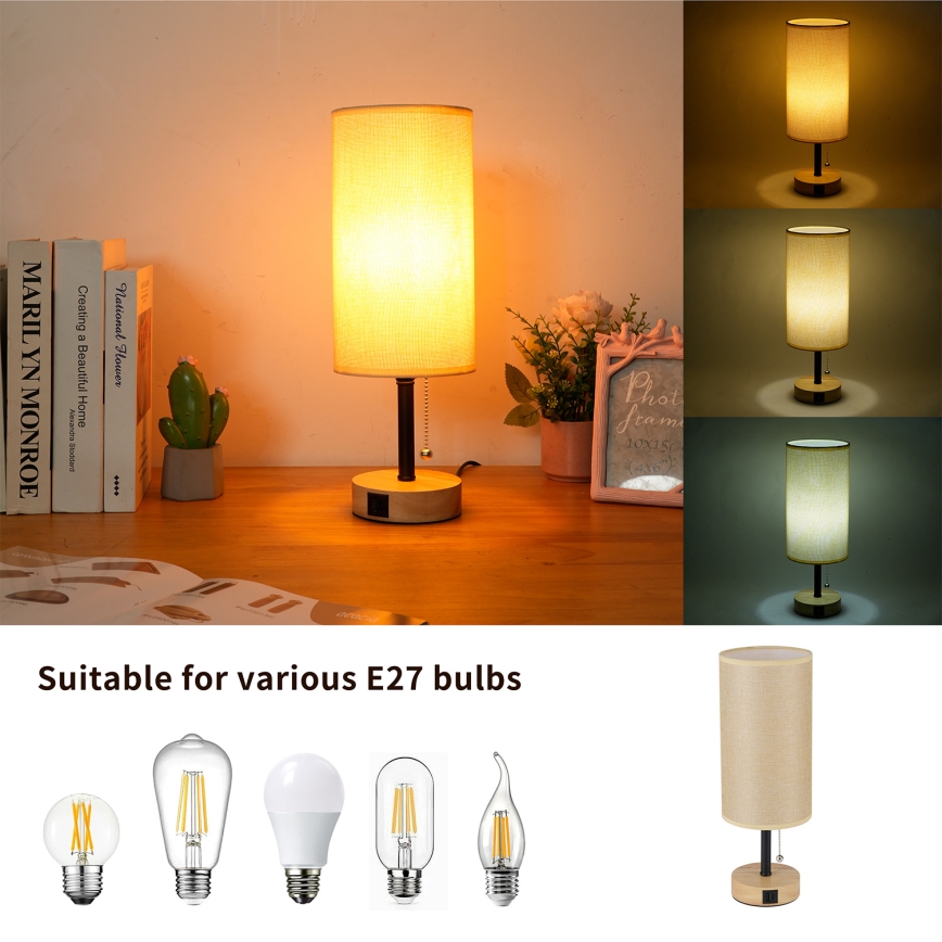 Brilagi - Tischleuchte mit USB-Anschluss TABLON 1xE27/25W/230V Eiche/Schwarz/Beige