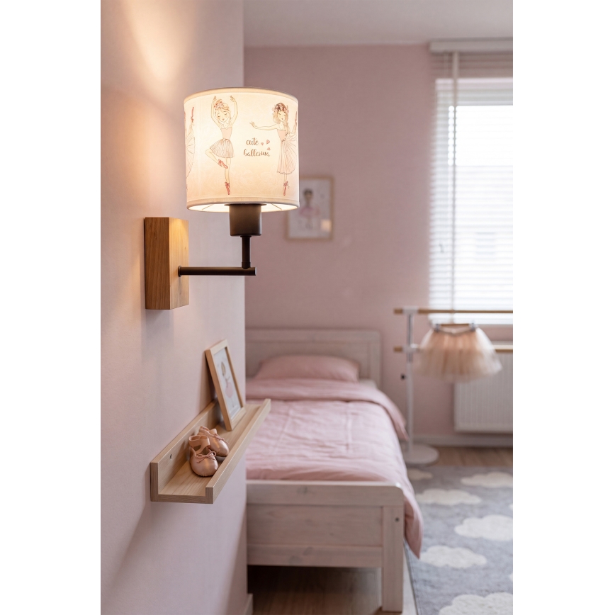 BRILAGI - Kinder-Wandleuchte BOBO WOOD 1xE27/25W/230V Eiche/Schwarz/Weiß/Rosa/Ballerina-Motiv