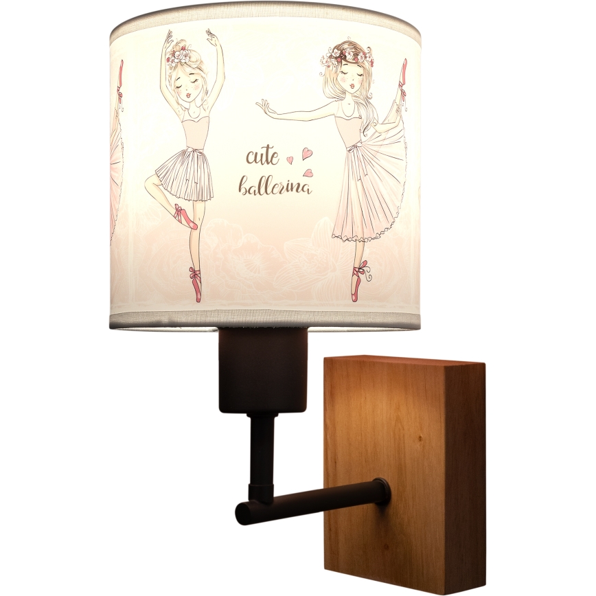 BRILAGI - Kinder-Wandleuchte BOBO WOOD 1xE27/25W/230V Eiche/Schwarz/Weiß/Rosa/Ballerina-Motiv