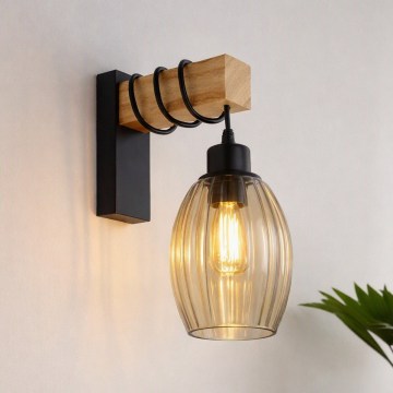 BRILAGI - Wandleuchte WOOD GLASS 1xE27/60W/230V Kiefer/schwarz/rauchiges Beige