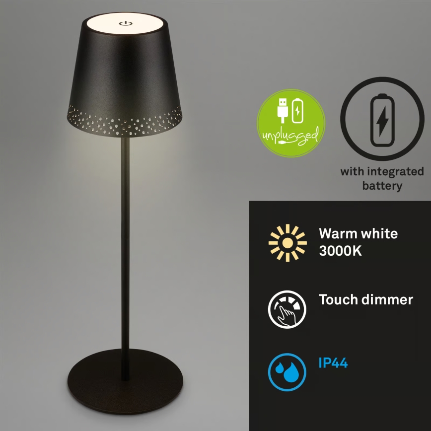 Brilo - Dimmbare, wiederaufladbare LED-Tischlampe für den Außenbereich KIKI, LED/2,6W/5V, IP44, 2600 mAh, schwarz