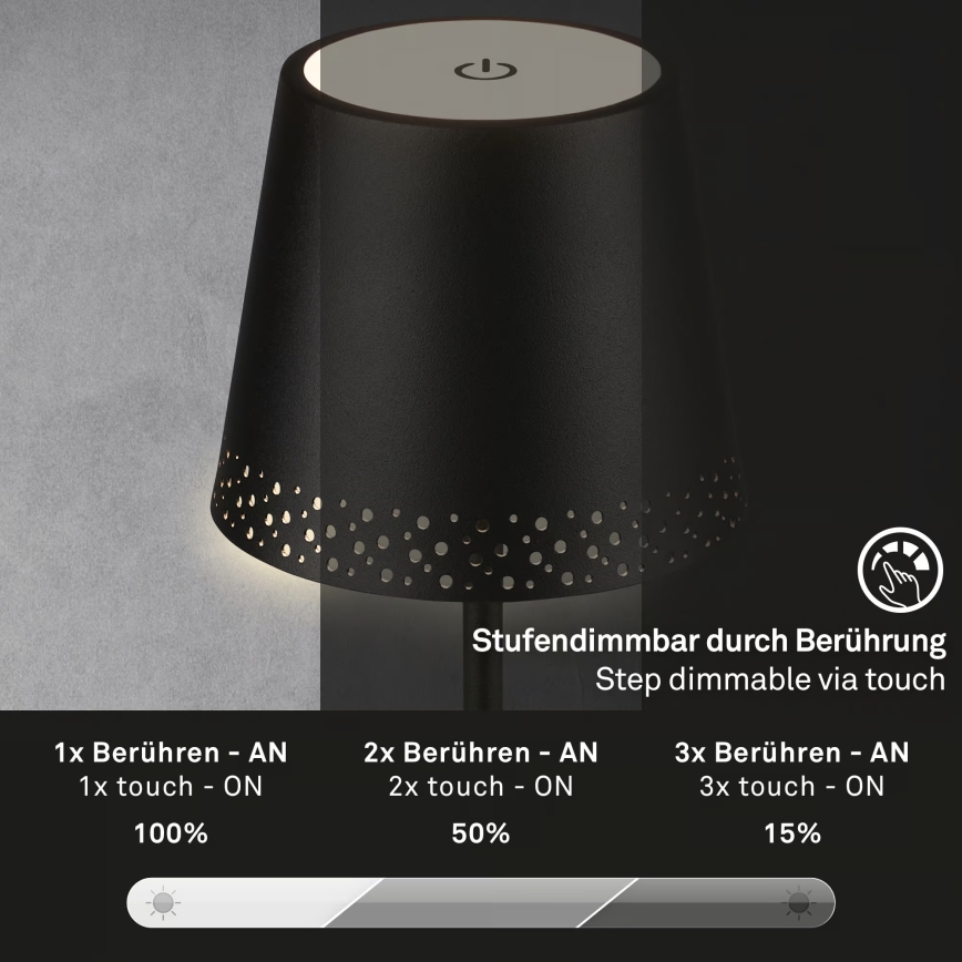 Brilo - Dimmbare, wiederaufladbare LED-Tischlampe für den Außenbereich KIKI, LED/2,6W/5V, IP44, 2600 mAh, schwarz