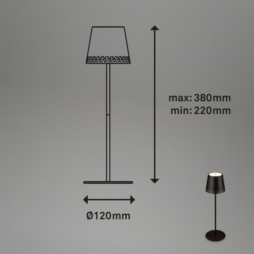 Brilo - Dimmbare, wiederaufladbare LED-Tischlampe für den Außenbereich KIKI, LED/2,6W/5V, IP44, 2600 mAh, schwarz