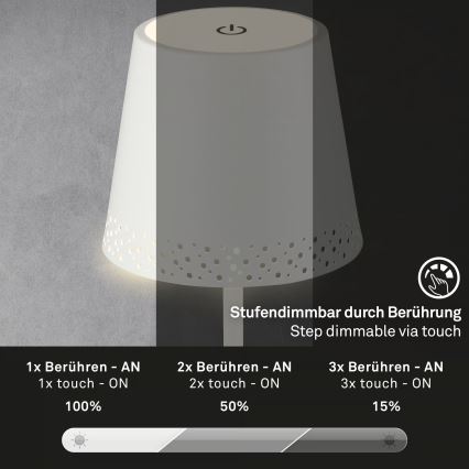 Brilo - Dimmbare, wiederaufladbare Touch-Außen-Tischleuchte KIKI LED/2,6W/5V IP44 2600 mAh weiß