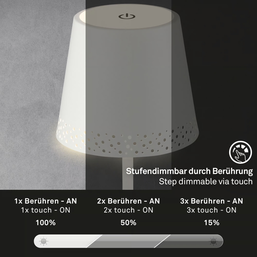 Brilo - Dimmbare, wiederaufladbare Touch-Außen-Tischleuchte KIKI LED/2,6W/5V IP44 2600 mAh weiß