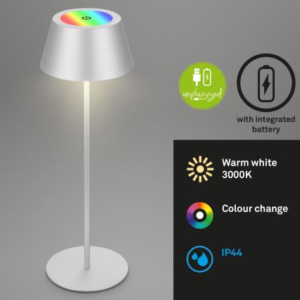 Brilo - KIKI LED RGB dimmbare, wiederaufladbare Touch-Tischlampe für den Außenbereich, LED/2,6W/5V, IP44, 2600 mAh, silber