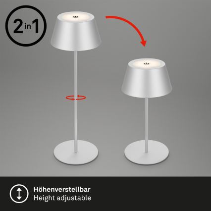 Brilo - KIKI LED RGB dimmbare, wiederaufladbare Touch-Tischlampe für den Außenbereich, LED/2,6W/5V, IP44, 2600 mAh, silber