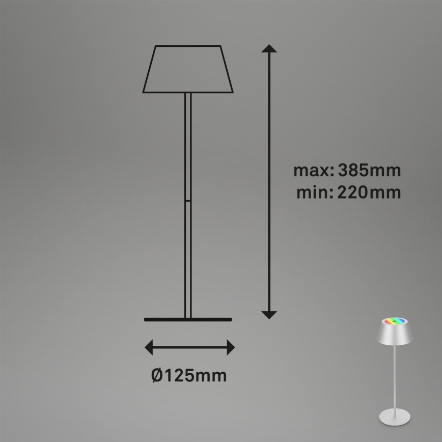 Brilo - KIKI LED RGB dimmbare, wiederaufladbare Touch-Tischlampe für den Außenbereich, LED/2,6W/5V, IP44, 2600 mAh, silber