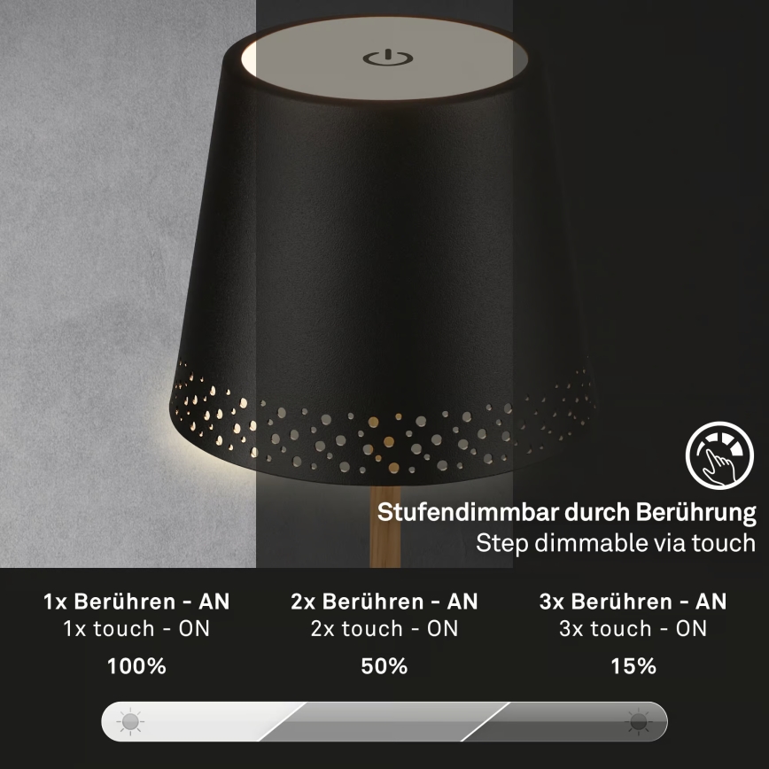 Brilo - dimmbare, wiederaufladbare Touch-LED-Tischlampe für den Außenbereich KIKI LED/2,6W/5V IP44 2600 mAh schwarz
