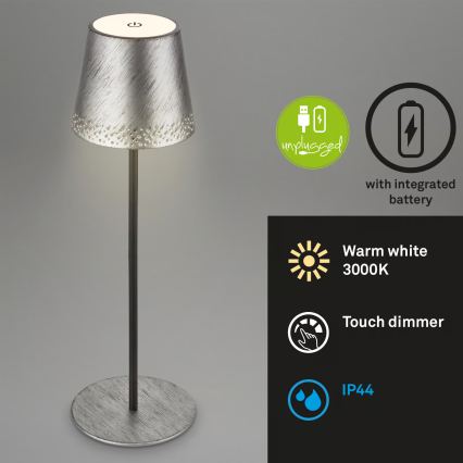Brilo - KIKI LED-Außen-Tischlampe, dimmbar, wiederaufladbar mit Touch-Bedienung, LED/2,6W/5V, IP44, 2600 mAh, silber