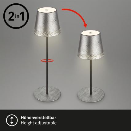 Brilo - KIKI LED-Außen-Tischlampe, dimmbar, wiederaufladbar mit Touch-Bedienung, LED/2,6W/5V, IP44, 2600 mAh, silber